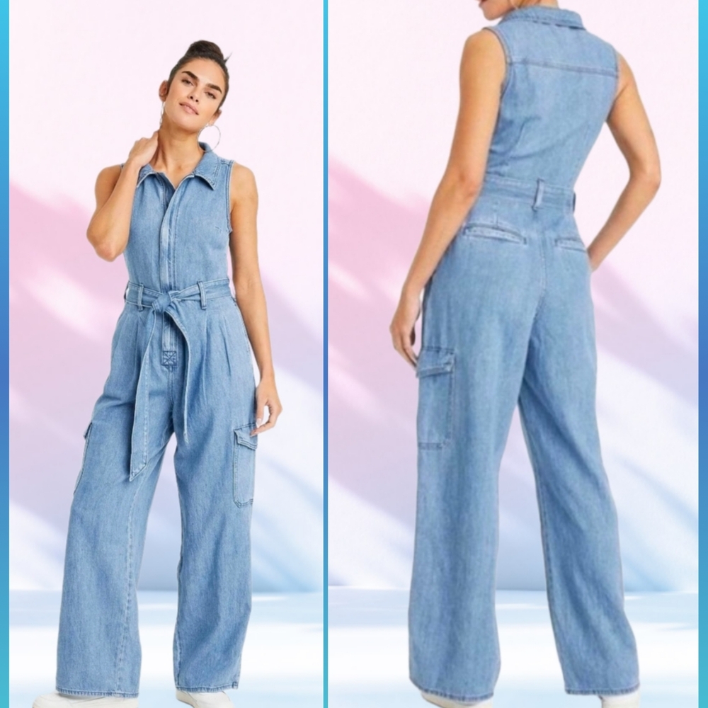Universal Thread Light Blue Denim Sleeveless Cargo Jumpsuit